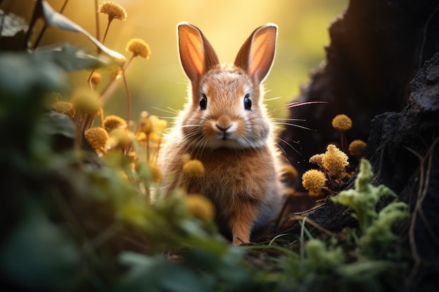 A cute gray bunny in a bright spring forest