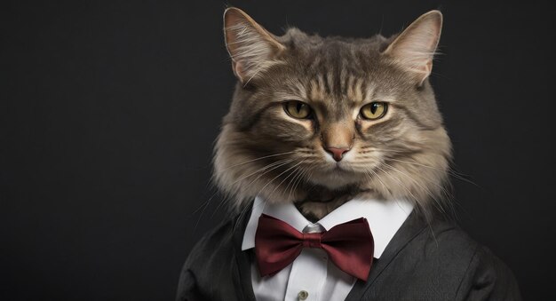 Cute gray cat sitting in a bow tie on a black background