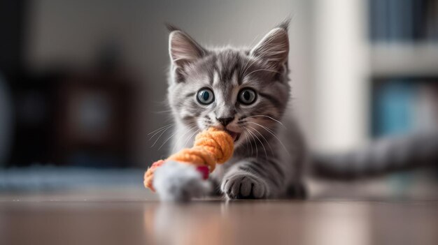 Photo a cute gray kitten playing with a toy on the floor in a cozy living room interior, ai-generated.