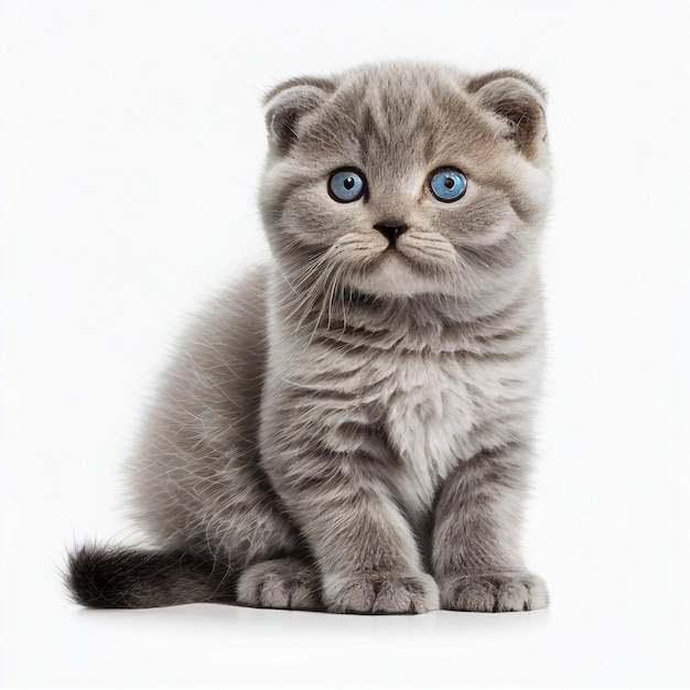 Cute gray kitten with blue eyes of British Fold breed, isolated on white, close-up, lovely home pet