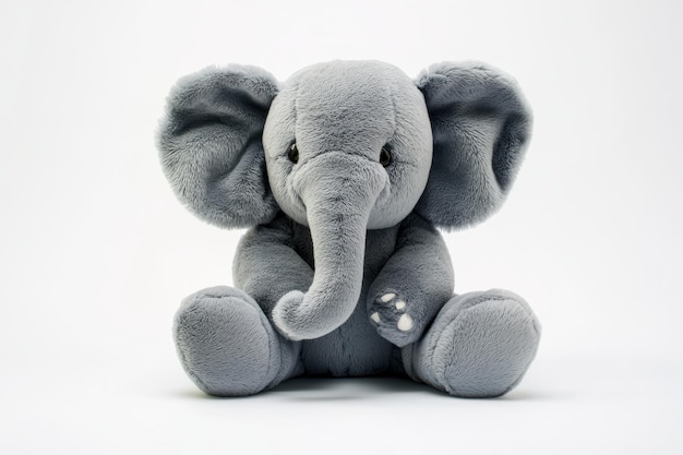 A cute gray plush elephant sitting on a white background inviting hugs and comfort for all ages