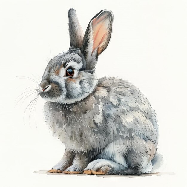 The cute gray rabbit is painted in watercolor on a white background