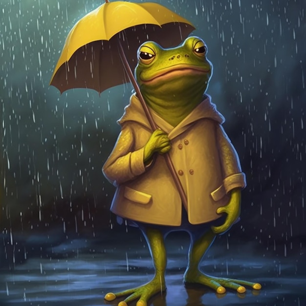 Cute green frog wearing yellow raincoat