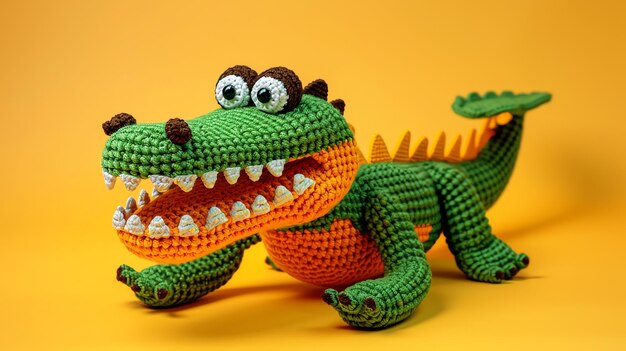 A cute green and orange crocheted crocodile toy with big eyes