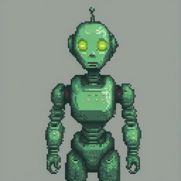 Cute green robot with bright yellow eyes ready for action against a neutral gray backdrop