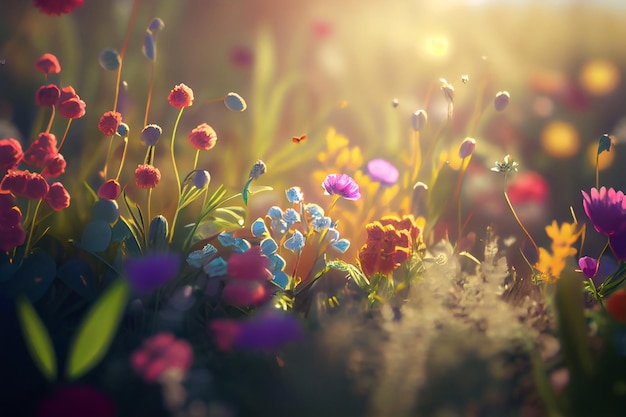 Cute Green Spring Meadow with Flowers Generative AI