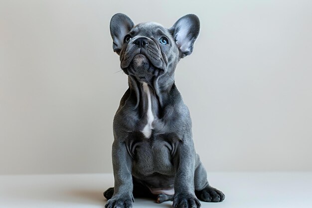 Photo cute grey french bulldog puppy sitting looking up with white background high definition photograph