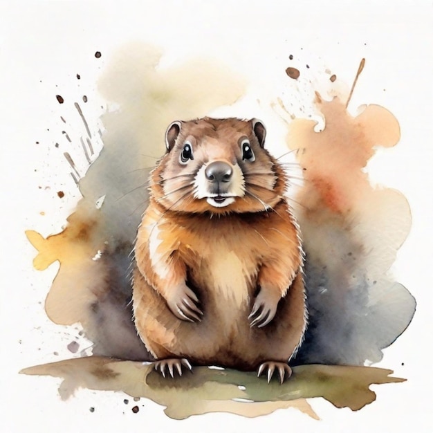 A cute groundhog painted in watercolors