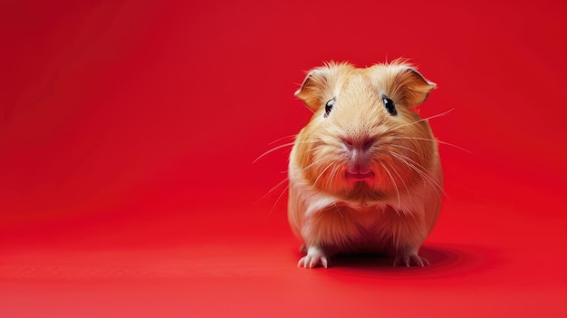 Cute guinea pig on bright red background