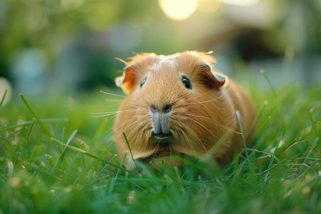 A cute guinea pig resting on lush green grass in soft blurred lighting during a warm sunny day