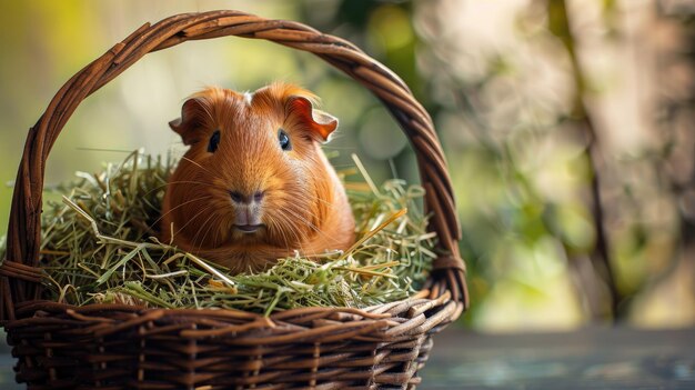 Photo cute guinea pig sits in wicker basket filled with hay