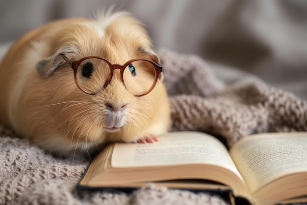 Photo a cute guinea pig wearing glasses resting on an open book with a cozy blanket background creating a