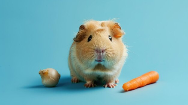 Cute guinea pig with fluffy fur next to garlic clove and carrot on blue background