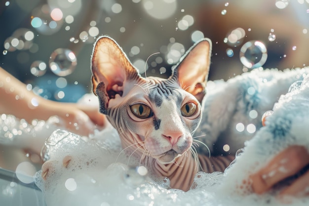 Cute Hairless Sphynx cat in a bath with bubbles and gentle grooming