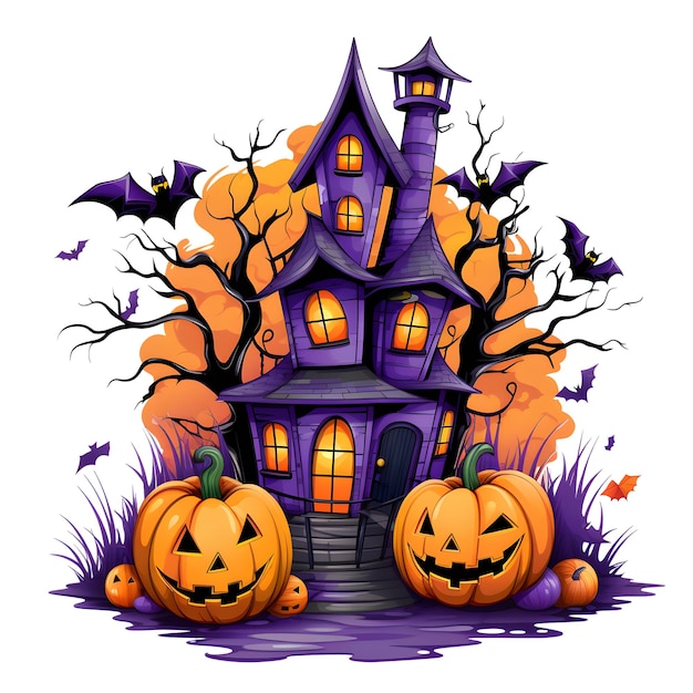 Cute Halloween clipart of a smiling haunted house surrounded by spooky pumpkins