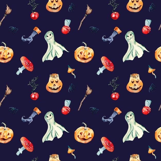 Cute halloween ghost watercolor seamless pattern isolated on dark