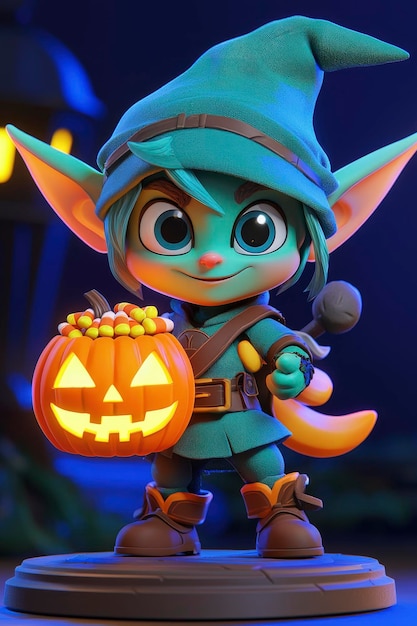 Cute Halloween Goblin Holding Pumpkin