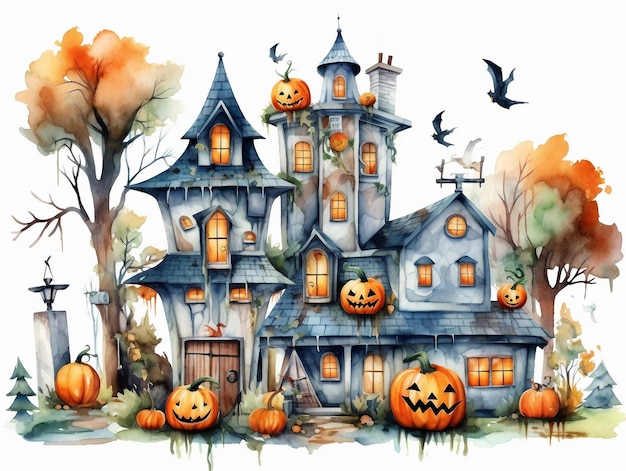 Cute halloween haunted house watercolor style isolated on white background