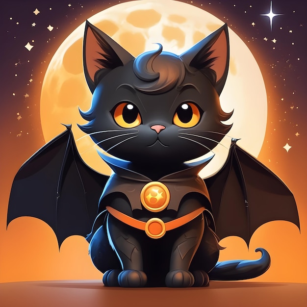 cute halloween kitty in a lovey bat halloween costume in moonlit