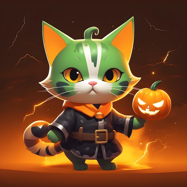 a cute halloween kitty with her amazing halloween costume with pumpkin