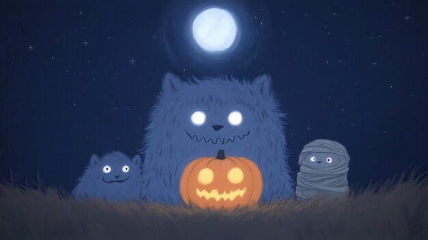 Cute Halloween monsters and mummy with a jackolantern under the full moon