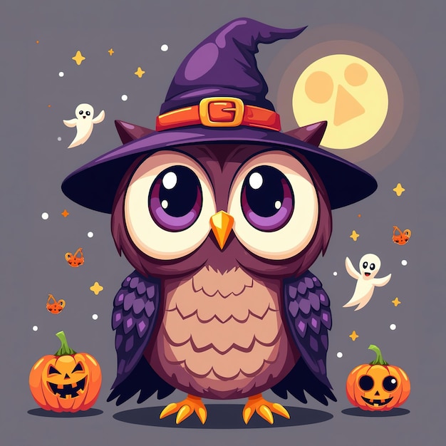 Cute Halloween Owl in Witch Hat with Pumpkins Ghost and Bats Fun Holiday Illustration