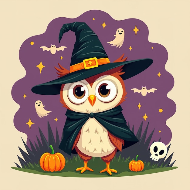 Cute Halloween Owl in Witch Hat with Pumpkins Ghost and Bats Fun Holiday Illustration