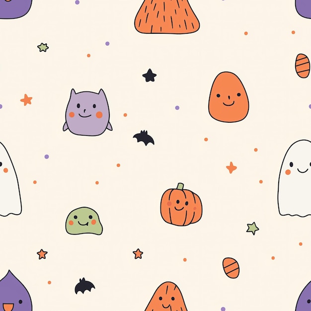 Cute Halloween pattern with happy ghosts pumpkins bats and stars on a light background