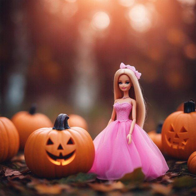 Cute halloween pumpkins wearing with beautiful barbies ai generated