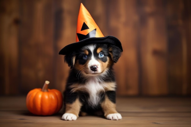 Cute halloween puppy wearing a witch hat pumpkin wood wall background