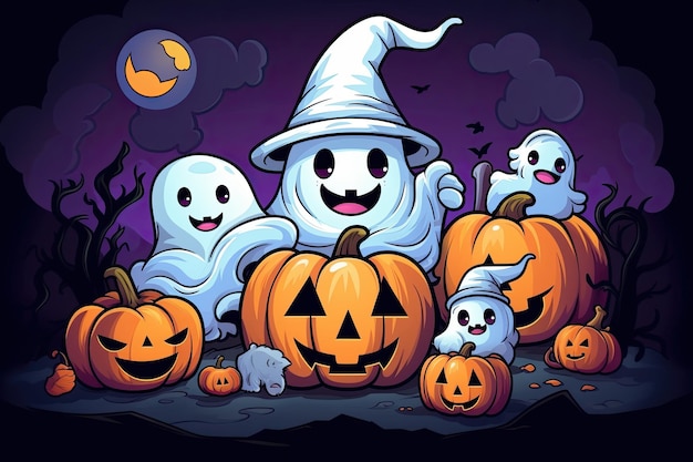 cute halloween scene with ghost witch candy beautiful cartoon style generative ai