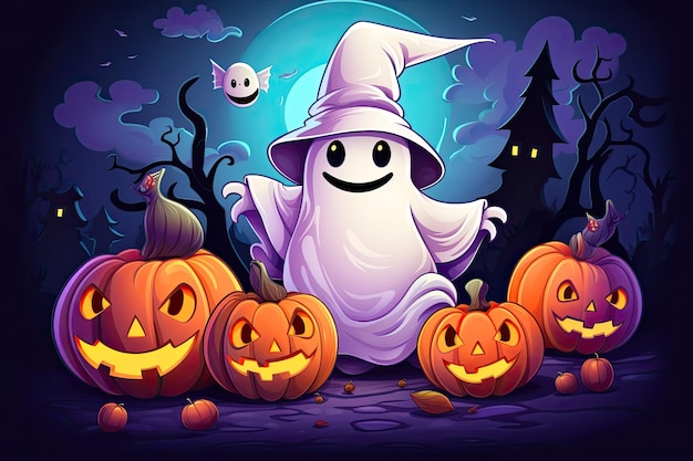 cute halloween scene with ghost witch candy beautiful cartoon style generative ai