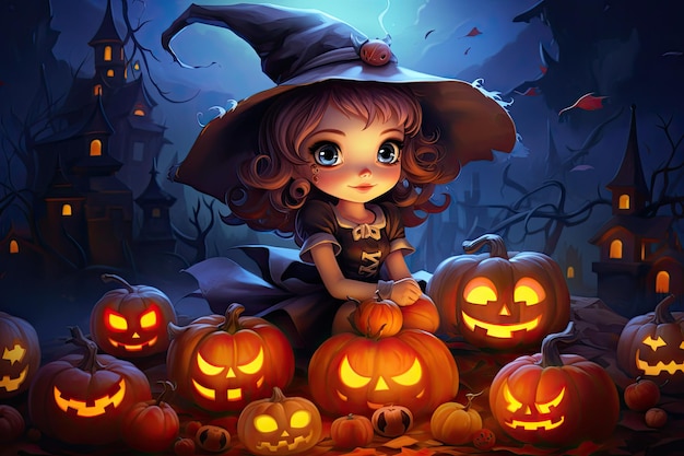 cute halloween scene with ghost witch candy beautiful cartoon style generative ai