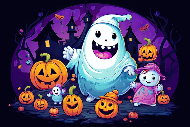 cute halloween scene with ghost witch candy beautiful cartoon style generative ai