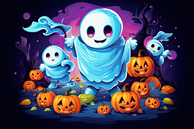 cute halloween scene with ghost witch candy beautiful cartoon style generative ai