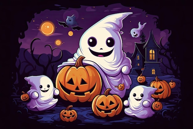 cute halloween scene with ghost witch candy beautiful cartoon style generative ai