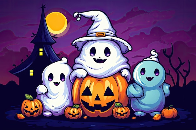 cute halloween scene with ghost witch candy beautiful cartoon style generative ai