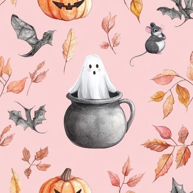 Photo a cute halloween seamless pattern with a pink background watercolor illustration with ghosts pumpkins spiderwebs stars lanterns and cauldrons