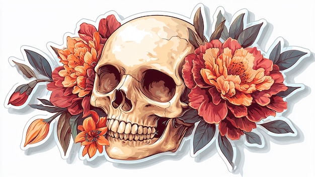 Cute Halloween Skull with Floral Decor in Playful and Spooky Art