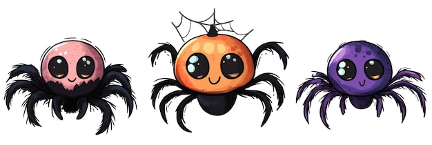 Photo cute halloween spider trio with playful expressions on a white isolated background