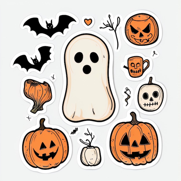 Photo cute halloween stickers with ghost pumpkins bats and more