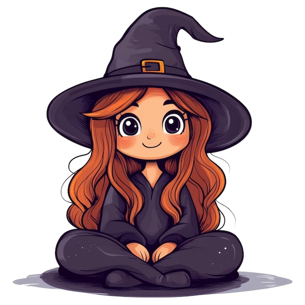 Photo cute halloween witch illustration sitting on a white background in a doodle style