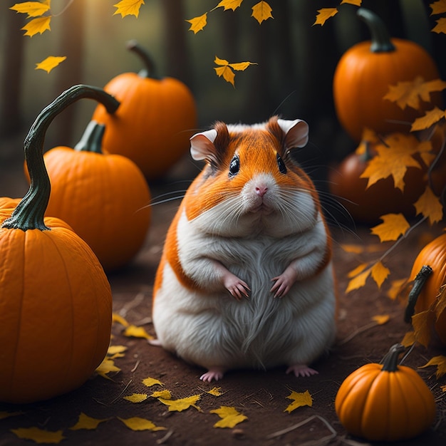 Cute hamster character at home in the autumn forest surrounded by pumpkins