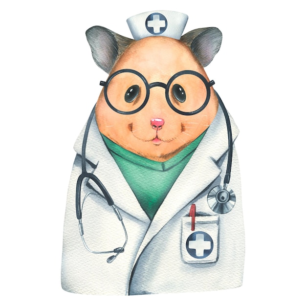 Cute hamster doctor in a coat and glasses with a stethoscope