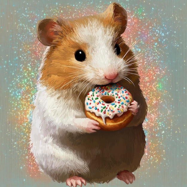 Photo cute hamster eating a sprinkled donut