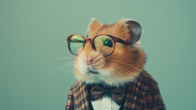 Cute hamster in glasses business jacket and bow tie