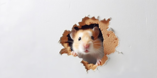 Photo cute hamster peeking out of a hole in wall torn hole empty copy space frame mockup generative ai image weber