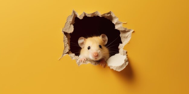 Photo cute hamster peeking out of a hole in wall torn hole empty copy space frame mockup generative ai image weber