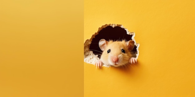 Photo cute hamster peeking out of a hole in wall torn hole empty copy space frame mockup generative ai image weber