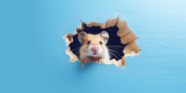 Photo cute hamster peeking out of a hole in wall torn hole empty copy space frame mockup generative ai weber